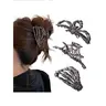 Female Durable Hair Clips - 3PCS Alloy Claw Clips Set, Black Gun Finish, Bold Casual Style, Unique Skull Print, Spider Web & Skeleton Hand Creepy Accessories, Big/Med Claw Fit for Thick/Thin Hair, Hiphop Metal Party Gift Styling Accessory