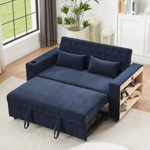 3 in 1 Convertible Sleeper Sofa Bed , 61.4" Loveseat Chenille Upholstered Futon Love Seat Sofabed with Adjustable Backrest, Pull Out Couch Bed Sofacama with Storage Shelves ,Cup Holder for Living Room