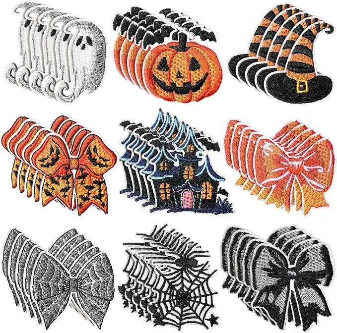 45 Pcs Halloween Bow Patches Orange Black Embroidered Sew on Patches Pumpkin Face Witch Hat Applique DIY Coquette Accessory for Clothes Pants Hats Jeans Decors