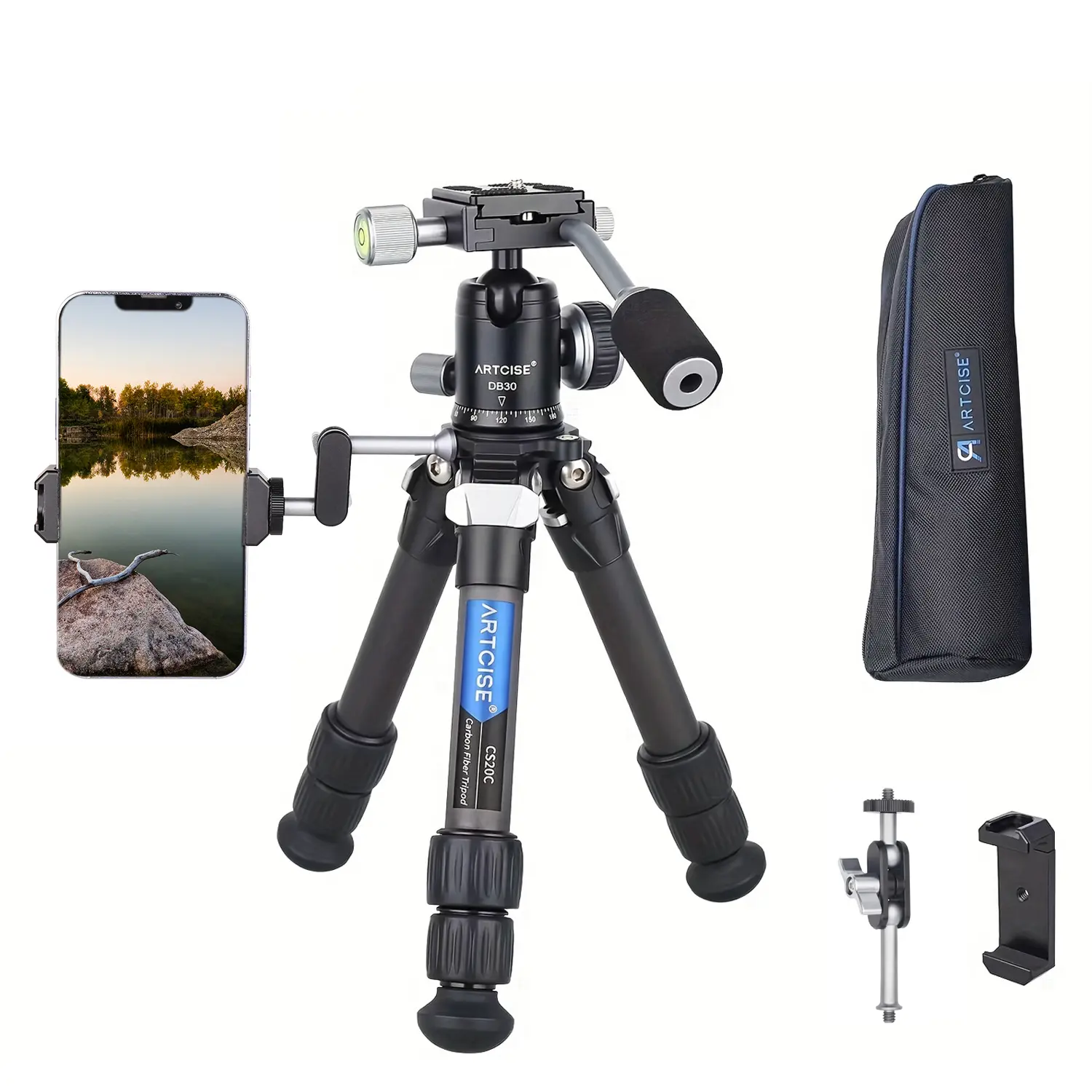 ARTCISE CS20C Carbon Fiber Mini Tripod Kit Lightweight Portable Tabletop Tripod with Handle 360° Degree Ball Head+CNC Magic Arm+Phone Holder Compact Travel Macro Desktop Tripod Max Load 22lbs/10kg for DSLR Camera