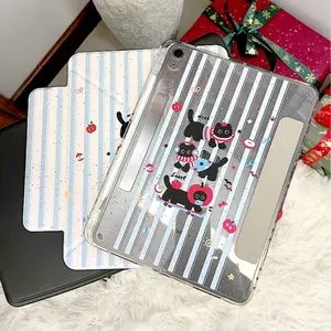 Cute Christmas Apple Cat Case for iPad, Magnetic Detachable Design, 3+y Fold with Pencil Holder, Clear Acrylic Material