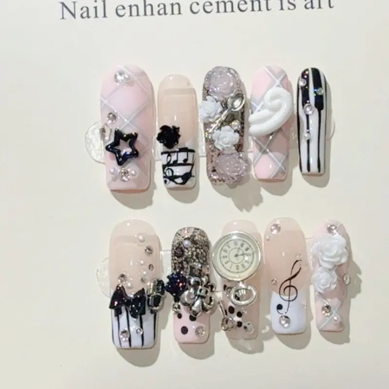 Musical Notes Retro Vintage Gyaru French Handmade Press On Nails 3D Rose Bow Pearl Pink Fake Nails Y2K Cute Long Coffin Nail Art