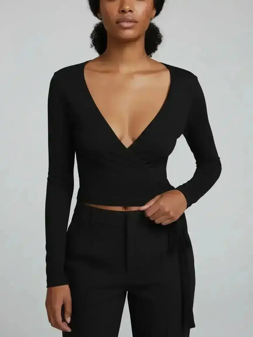 Women's Knitted Soft Stretchy V Neck Wrap Top Long Sleeve Short Tight Fit T-Shirt, Casual Elegant All-Season Fashion Fitted Street Style Knitwear Wardrobe Staple Weekend Outfit Bottoms Sundress Gift for Her Low Rise
