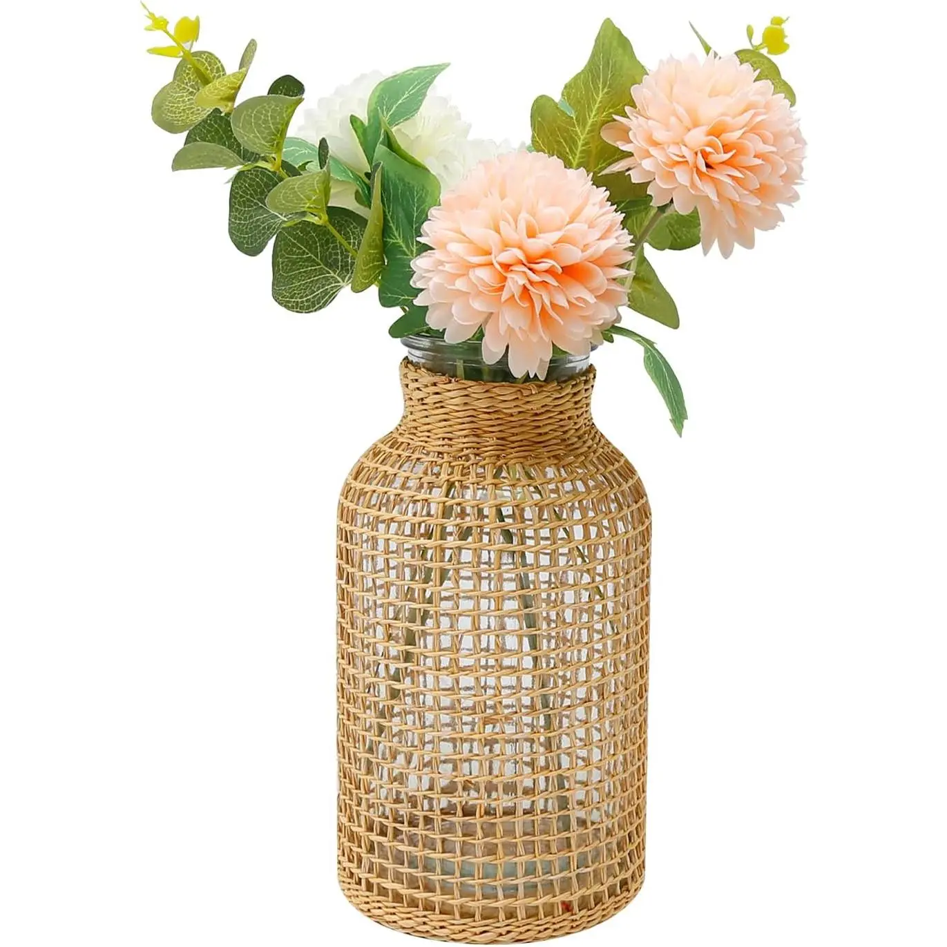 Straw Woven Glass Vase 7.87''x1.96''x4.13''Boho Glass Flower Vase Country Rustic Style Vase Glass Vase for Floral Arrangements Bottle Height (B Style 7.87IN)