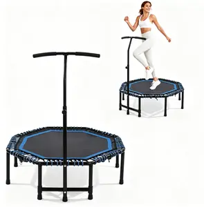 Dufominc 48 Inch Foldable Fitness Trampoline with Adjustable Handlebar for Adults Max Load 450lbs Durable Bungee Ropes Stable Quiet Rebounder for Cardio Strength Training Home Gym Jumping Exercise