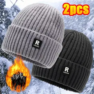 2 Pcs Men's Winter Fleece-Lined Knitted Ski Hat Cold-Proof Thick Hat for Outdoor Cycling Large Head Circumference