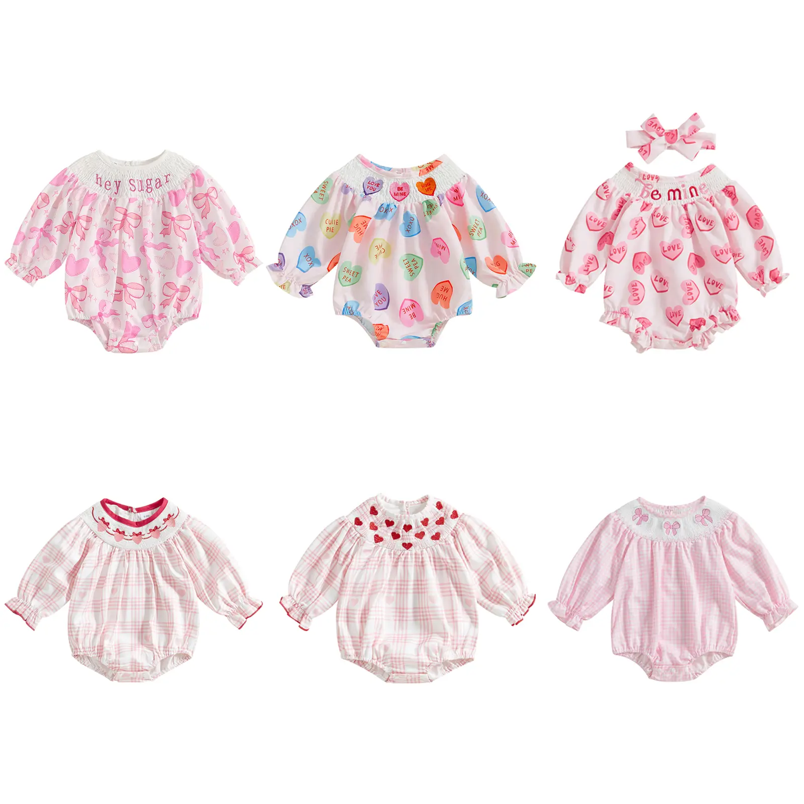 Newborn Baby Girl Valentines Day Outfit Puff Long Sleeve Smocked Bubble Romper Candy Heart Print Onesie Bodysuit Spring Warm Clothes