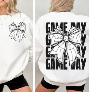 Simple B&W Game Day Volleyball Bow Printed 2 Sided Shirt - Sweatshirt, Volleyball Coquette Bow Tee, Volleyball Mom Tee, Game Day Tee, Full Colors