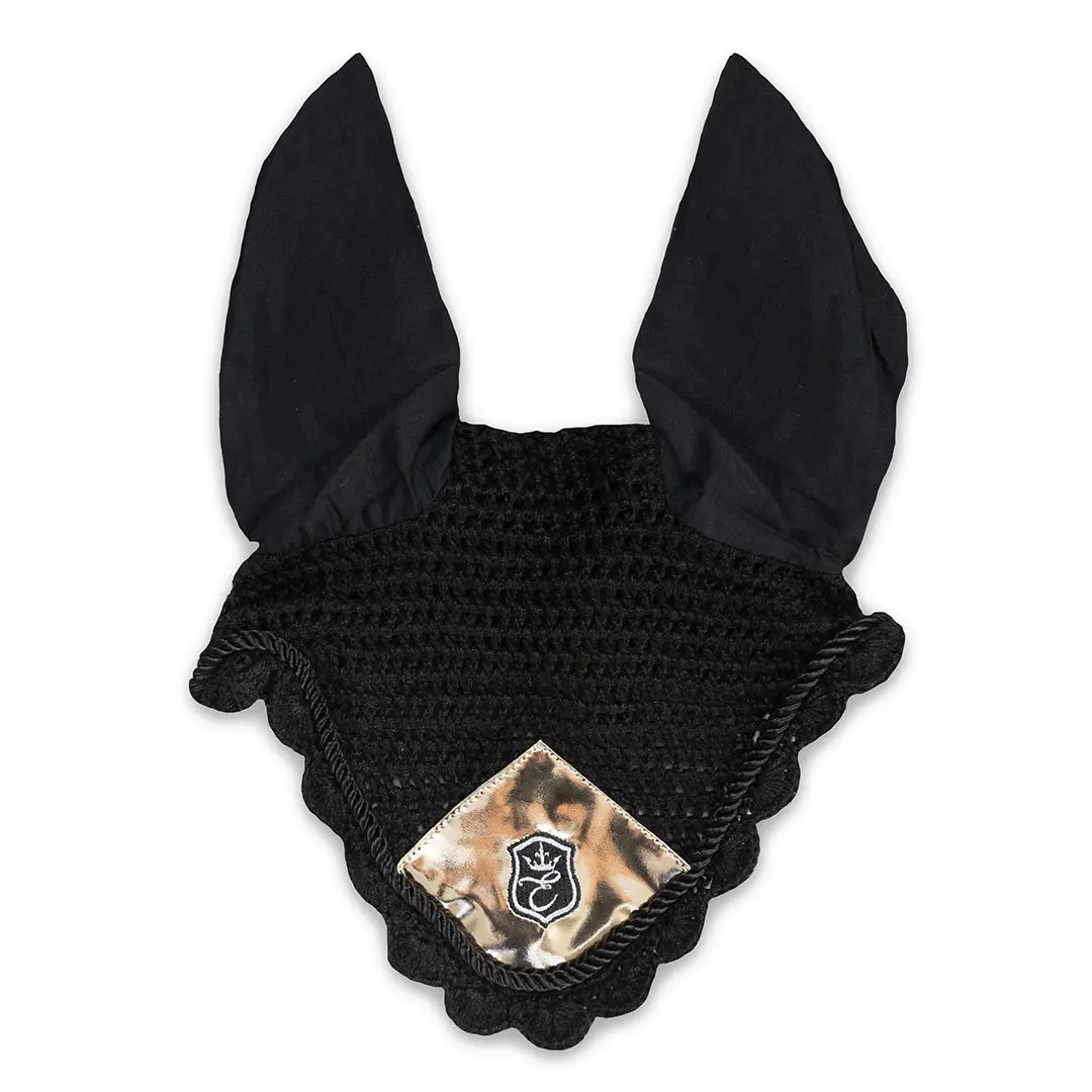 Aurum Fly Hat | Gold Glossy Horse Fly Bonnet, Black Knitted Base, Elastane Ears | Equestroom