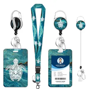 Turtle Pattern ID Badge Holder Set, 1 Set Including Personalized Lanyard & Retractable Badge Reel & Keychain, Identification Badges & Supplies for School & Office
