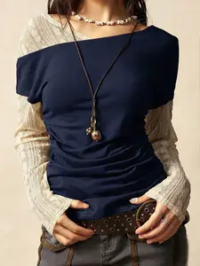 Boho Style Women's Spring Summer New Arrival, Asymmetrical Neck Off-Shoulder T-Shirt, Lace Patch Long Sleeve Slim Fit Top, Casual Daily Wear, Bohemian