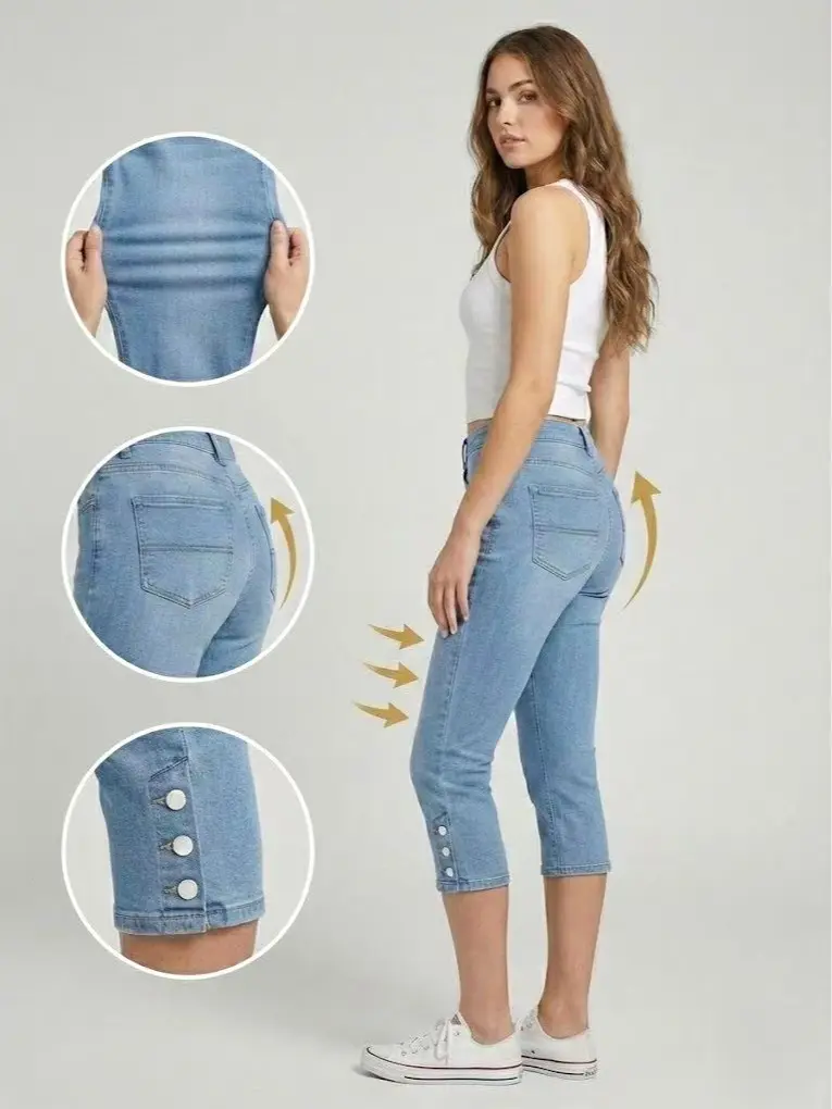 Women's Plain Retro Cropped Denim Jeans - Buttery Soft Fabric, Stretch Slim Fit, Vintage Wash, Below the Knee Capris for Casual Summer, Basic