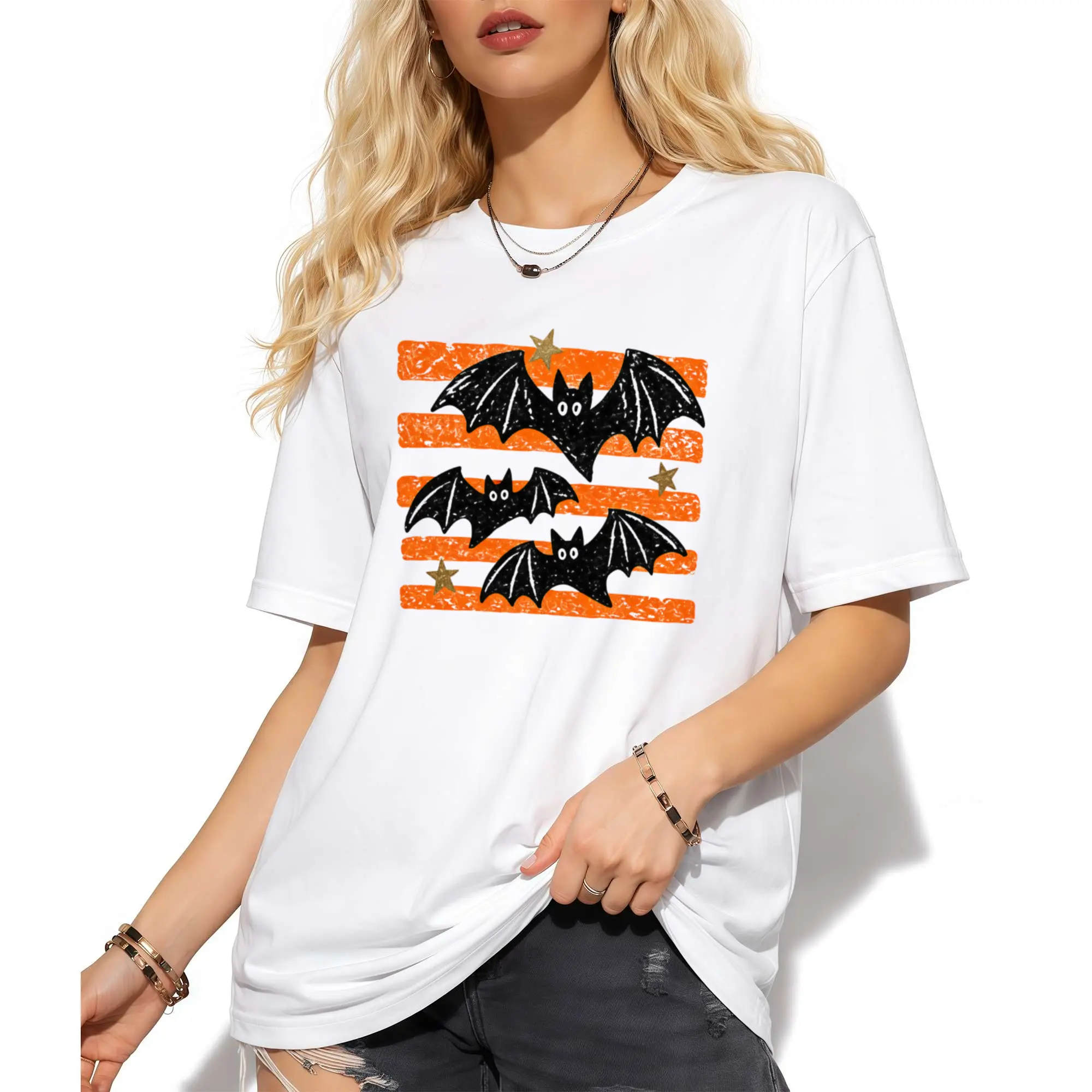 Halloween Bats Stripes T-Shirt, Trendy Spooky Season T-Shirt, Halloween Tee, Fall T-Shirt