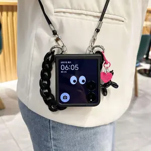 Luxury Crossbody Lanyard Rope Phone Case for Samsung Galaxy Z Flip 6 7 Z Flip 5 ZFlip4 Z Flip 4 ZFlip3 Cute Dog Pendant Cover