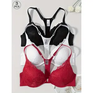 Lace Push Up Bra 3pcs Women Front Closure High Support Non Padded Underwire Everyday Lingerie Back Design Solid Color