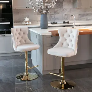 Swivel Bar Stools Set of 2, Adjustable Barstools with Back Velvet Tufted Counter Stool Modern Upholstered Bar Chairs with Nailhead for Kitchen Island Restaurant Pub Counter (Beige-Gold)