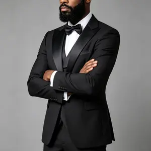 Men's Classy 3-Piece Polyester Double Breasted Suit Set - Long Sleeve Striped Peak Lapel Tuxedo Jacket, Matching Vest & Trousers, Formal Menswear for Business, Wedding