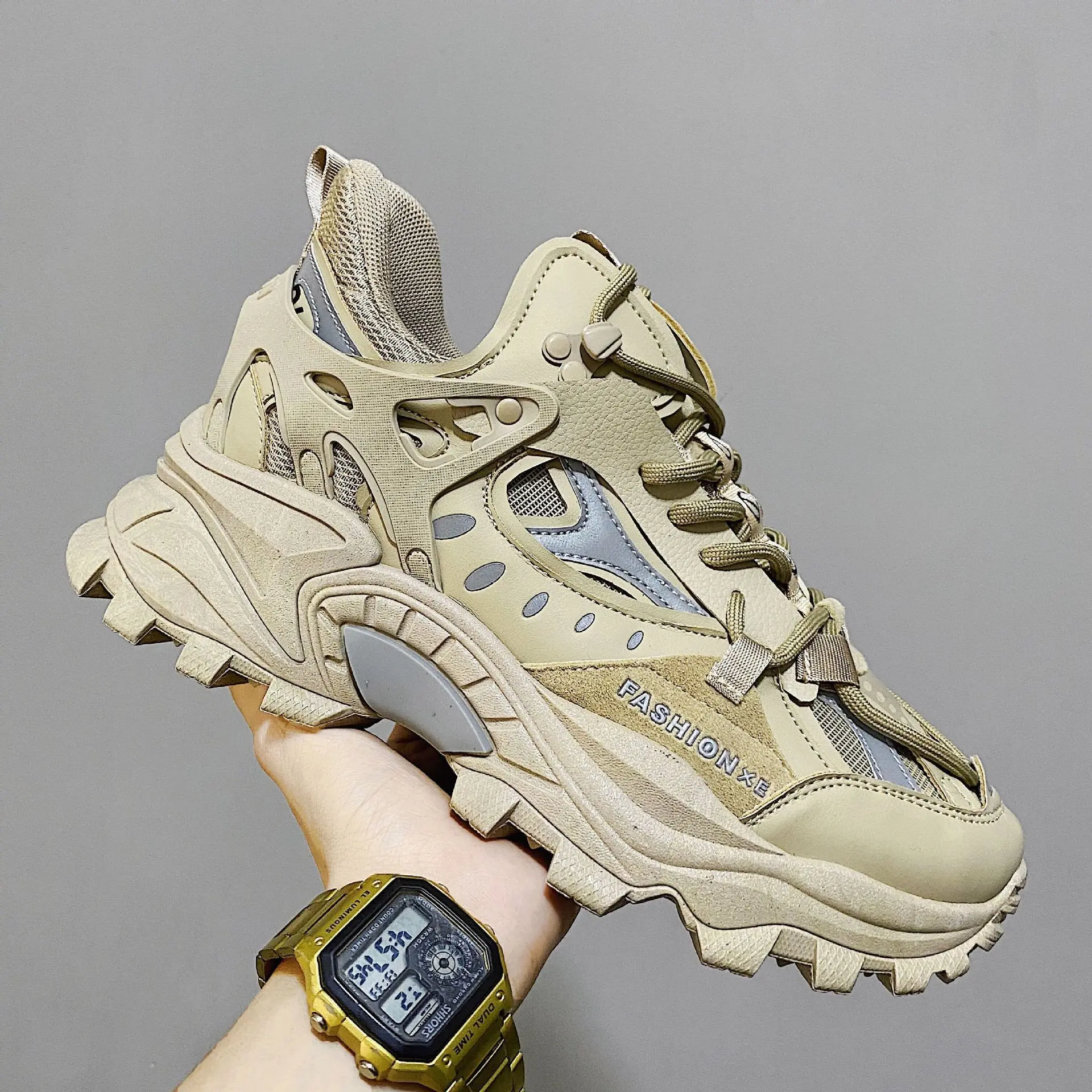 Brand GGOR Men's Chunky Sole Sneakers with Reflective Low-Top Dad Shoes - Upper & Cushioned PVC, - Breathable Lace-Up for Gym, Casual Wear - Extended Sizes (Tall & Wide) - Social Media Style - Sneakers