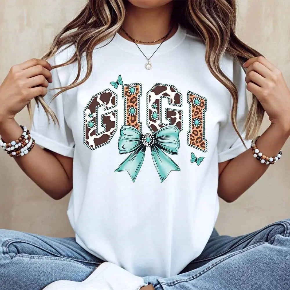 Women's Short-Sleeve Casual T-Shirt - Gigi Leopard Print with Turquoise Bow and Butterflies, Sporty Chic, Casual Chic, Colorful Style, Wardrobe Staples for Leisure & Sports, Bf Fit
