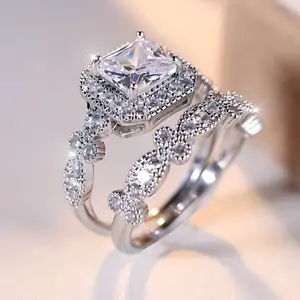 Set of 2 square Cubic Zirconia rings for women, elegant wedding and party, anniversary and everyday fashion jewelry gifts, mom gifts or courtship ring