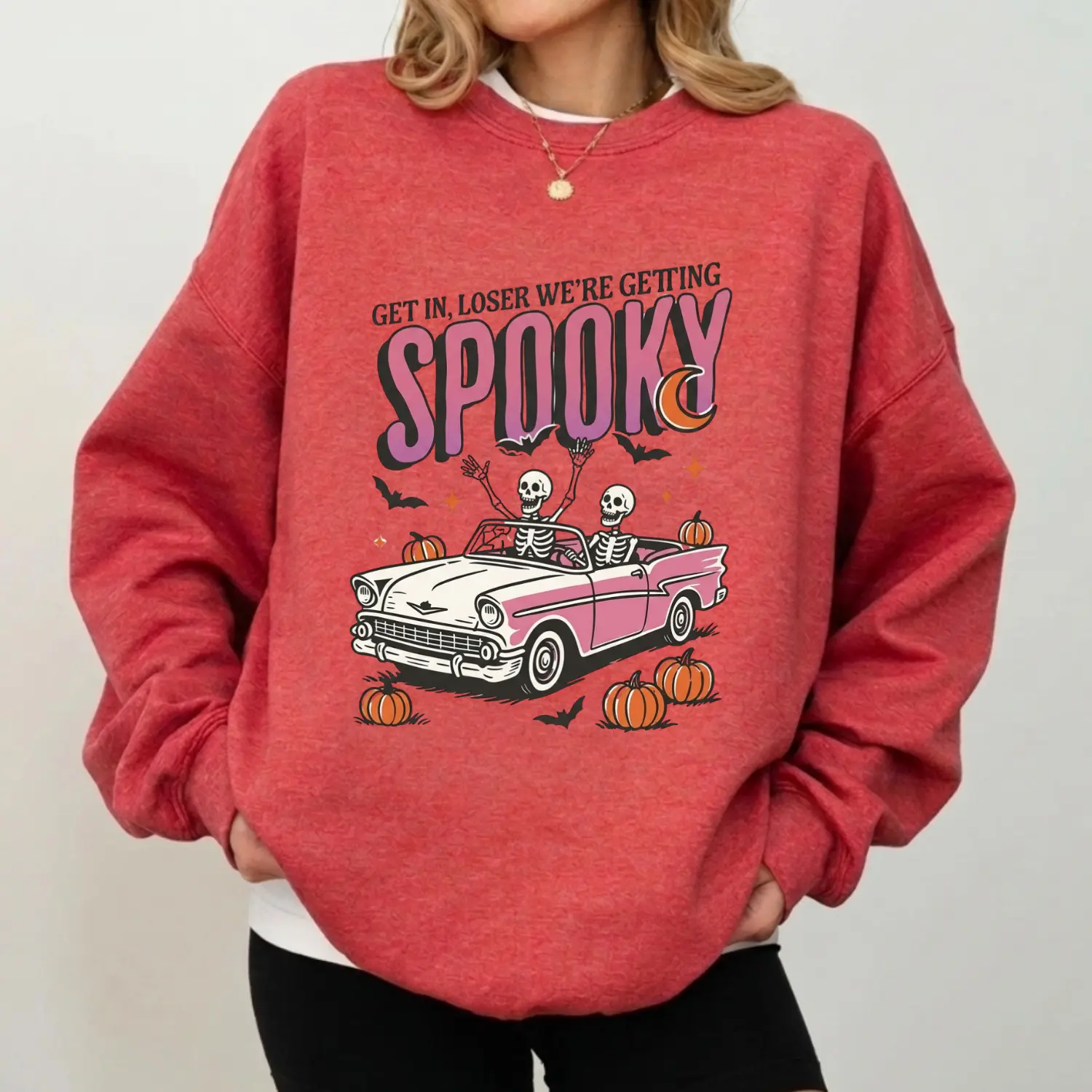 Get In Loser We're Getting Spooky Sweatshirt | Retro Skeleton Pink Car Sweatshirt | Halloween Graphic Sweatshirt | Spooky Season Crewneck
