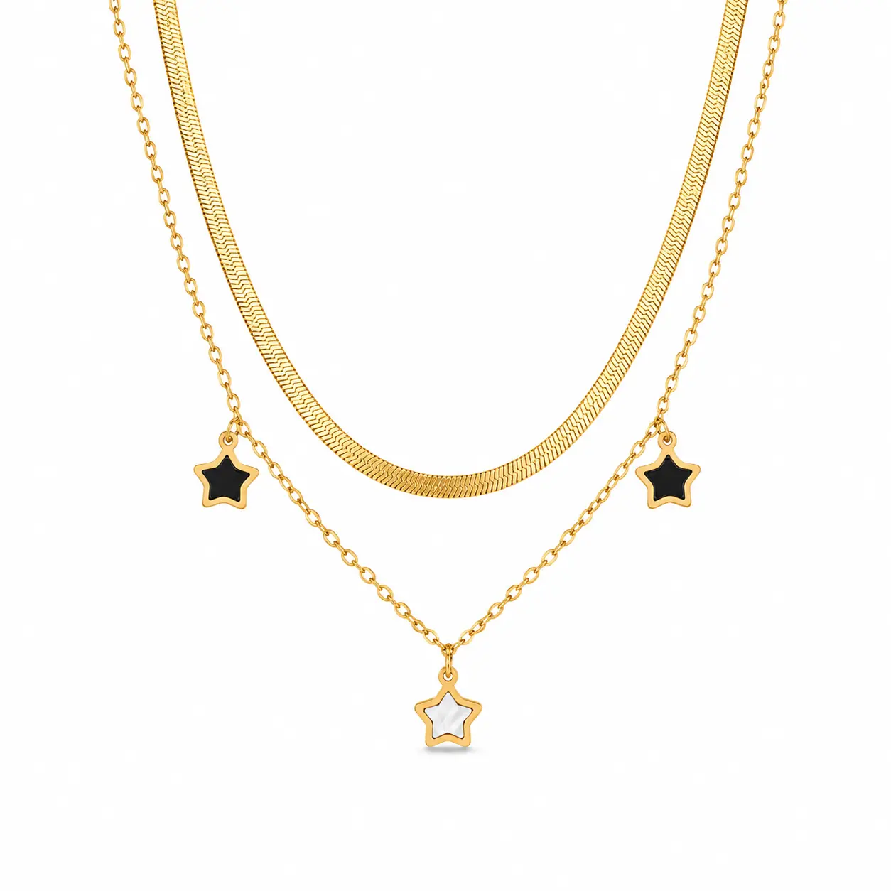 Stainless Steel Double-Layered Pentagram Hip Hop Style Bracelet & Necklace For Ladies, Suitable For Daily Wear