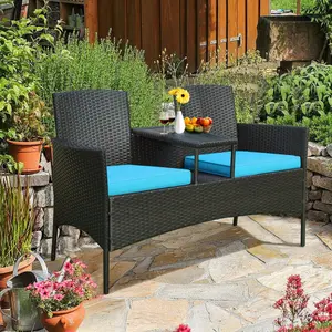 [Costway] Outdoor Loveseat with Removable Cushions and Coffee Table, Rattan Patio Wicker Conversation Set for Garden Lawn Backyard-COSTST