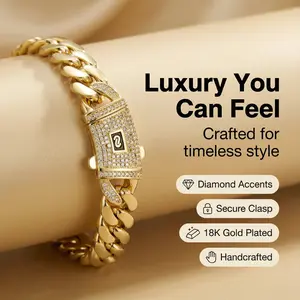 18K Gold-Plated Stainless Steel Cuban Link Chain Bracelet for Men with Diamond Accents Secure Clasp Handcrafted Fashion Jewelry