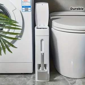 Press-to-Open Lid Space-Saving Bathroom Trash Can with Integrated Toilet Brush Holder - Durable Plastic Modern Minimalist Design for Small Bathrooms, No Electricity Needed, Home Convenience, Sleek Waste Bin, Practical Construction, Nodrill Installation