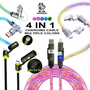 240W 4-in-1 Ignition Charging Cable, 120W Glowing Blue Green Luminous，Braided Wire, Starlight Always-On & Gradient LED Fast Charger Cord, USB A & Type C Universal Charger for Phone Car Travel