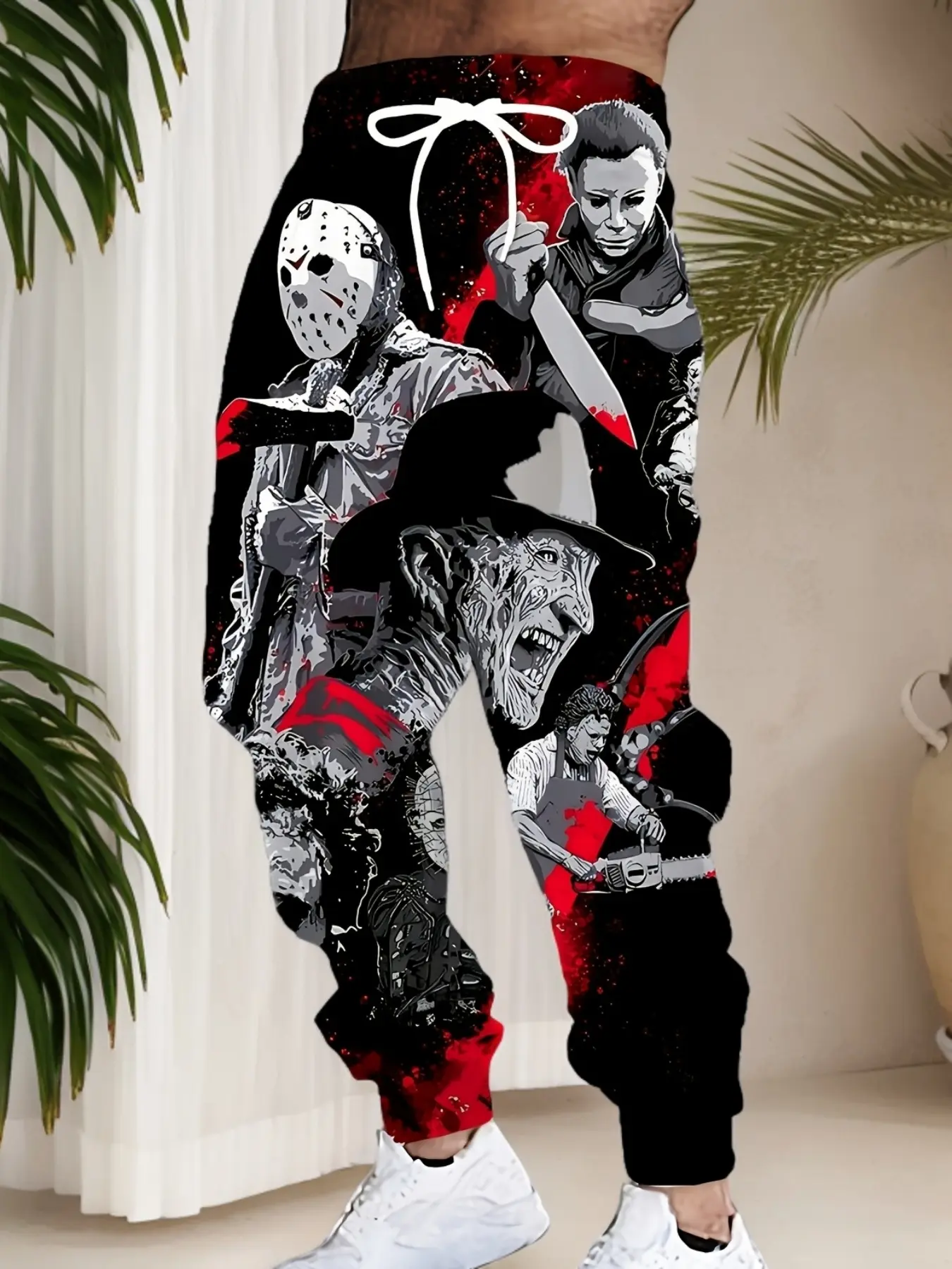 Men's Graphic Print Drawstring Sweatpants - Casual Outdoor Pocket Jogging Bottoms, Polyester Blend, Four Seasons Comfort, Horror Movie Icon Design, Red and Black Color Scheme