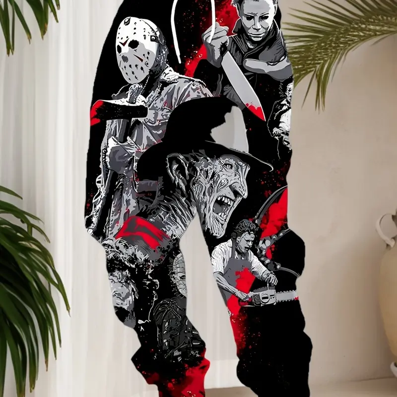 Male Streetwear Joggers - Men's Horror Movie Icon Graphic Print Casual Drawstring Synthetics Sweatpants, Geometric Design, Elastic Waistband, Fitted Normal Type, Machine Washable, All Seasons Comfort, Red & Black Pockets, XXL Jogging Bottoms