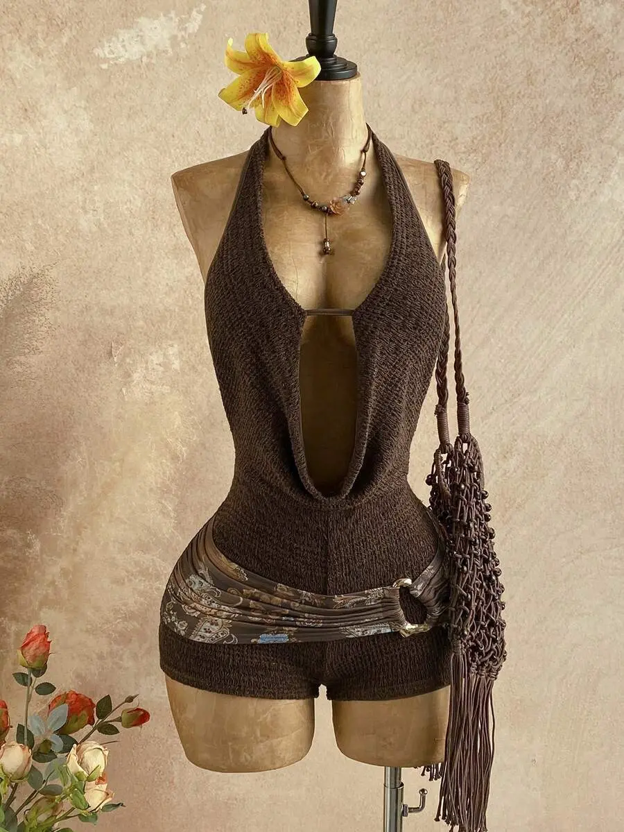 MALINDA Casual Vacation Western Beach Wedding Guest Attire Graduation Brunch Women's Spring Break Music Festival Elegant Bohemian Tropical Halter Backless Metal Beaded Textured Jumpsuit