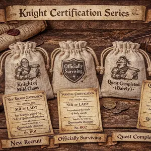 1Pc Medieval Knight Drawstring Pouch Set with Funny Stamps & Honor Certificates, Vintage Canvas Gift Bags, Humorous Daily Life Achievement Set