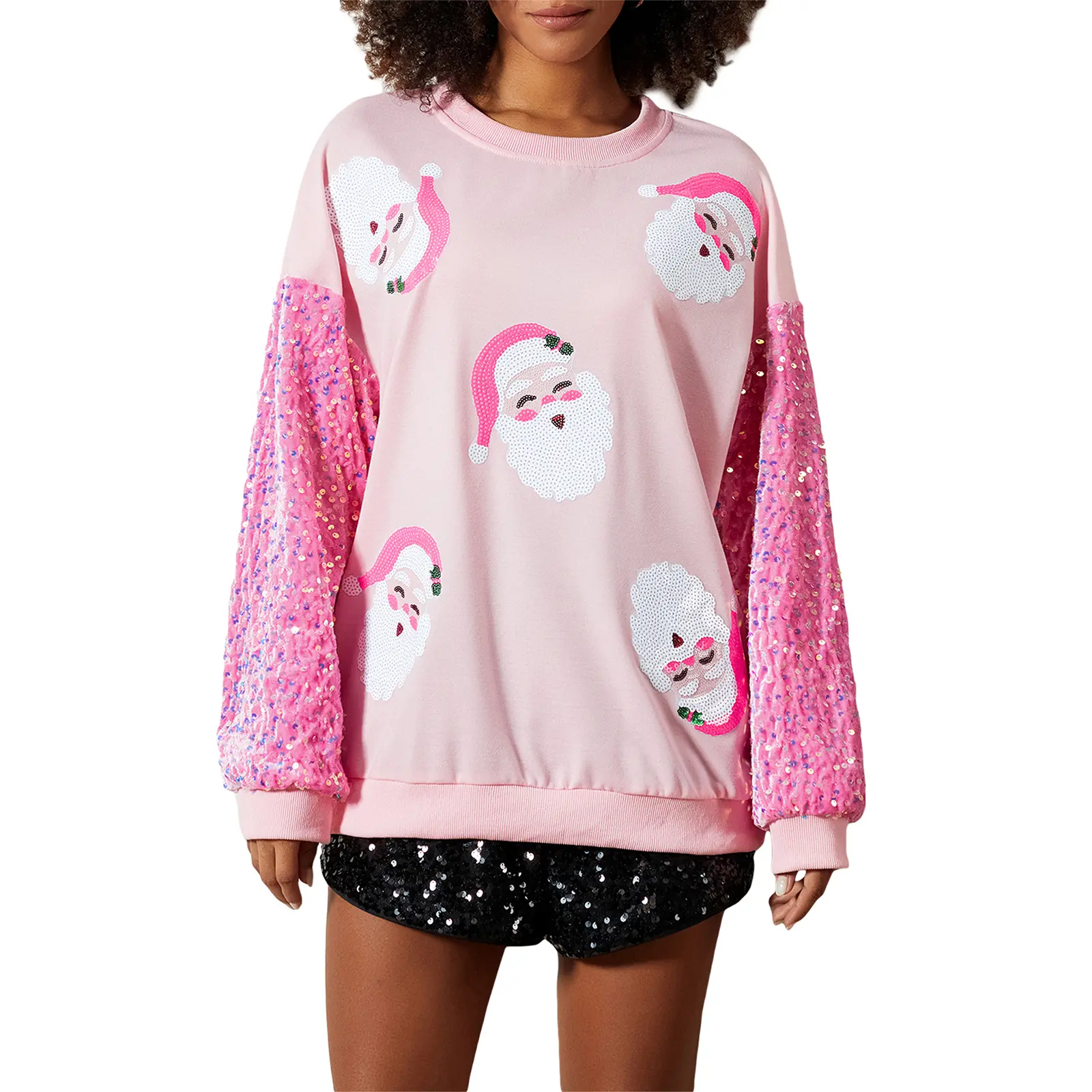 Christmas Sequins Sweatshirts Women Glitter Patch Crewneck Pullover Tops Sparkly Printed Xmas Long Sleeve Shirt Colorful Funny Santa Pullover Holiday Crop Top