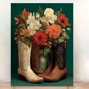 1 Piece Western Cowboy Boots Poster - Vintage Cowboy Boots Wall Art with Brown/Beige/Orange/White/Turquoise Floral Decoration - Framed Canvas Print, Suitable for Country Weddings, Farmhouse Style, Western Decoration - Ready-to-Hang Country Home Decor - Bo