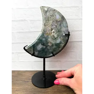 Moss Agate Crystal Carved Moon on Stand – Natural Stone #74