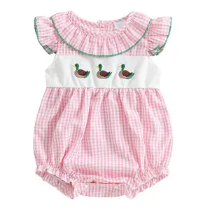 Newborn Baby Girl Hunting Outfit Mallard Duck Embroidery Romper Ruffles Fly Sleeve Peter Pan Collar Plaid Bubble Bodysuit Summer Clothes