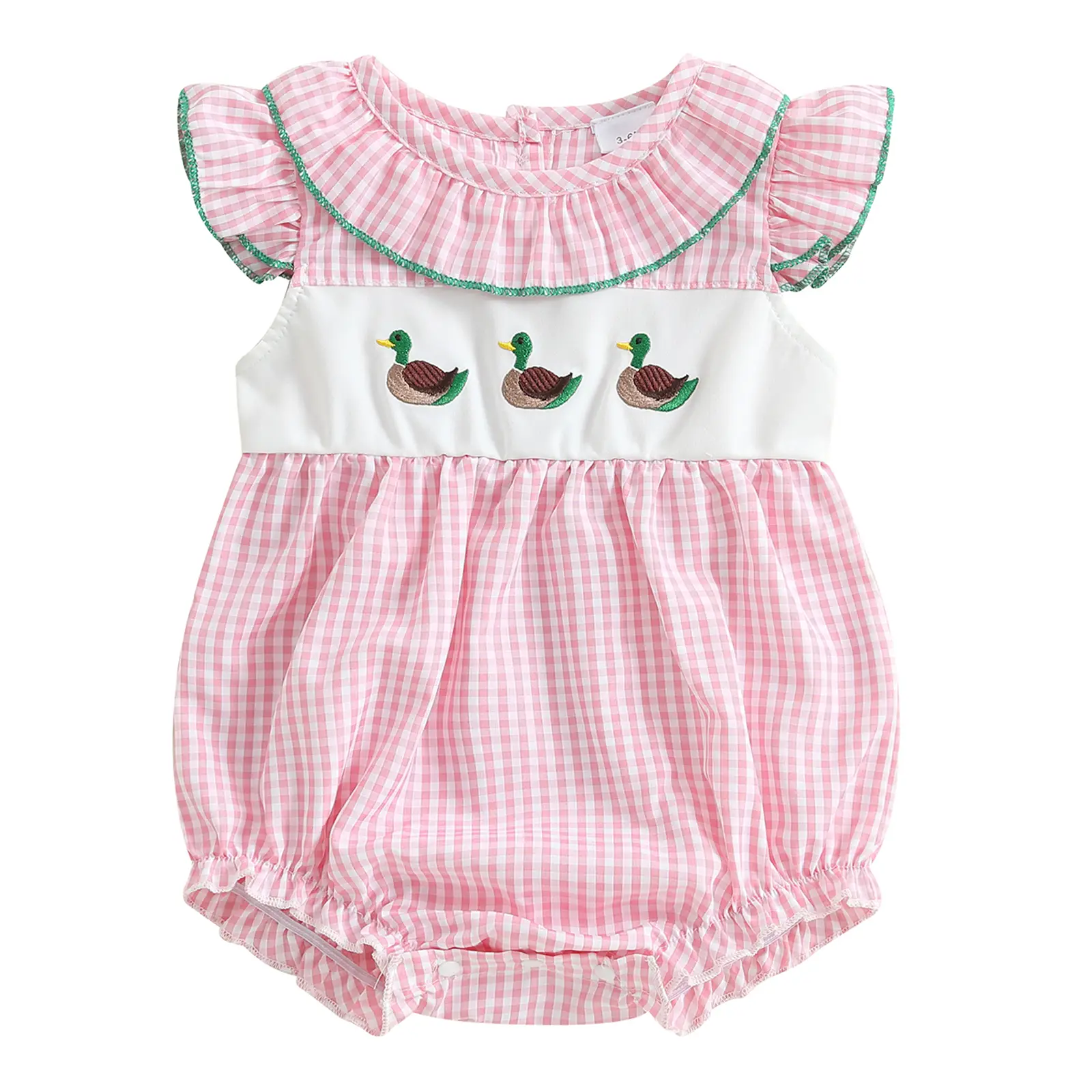 Newborn Baby Girl Hunting Outfit Mallard Duck Embroidery Romper Ruffles Fly Sleeve Peter Pan Collar Plaid Bubble Bodysuit Summer Clothes