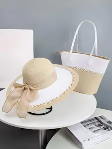 Women's Colorblock Handwoven Large Capacity Open Beach Bag and Sun Hat, Fashionable Foldable, Perfect for Summer Beach Vacation Outdoor Activities