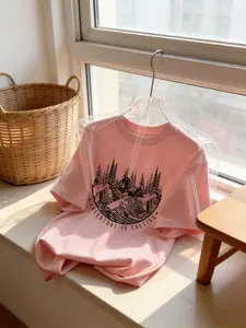 Women's Adventure Round Neck Short Sleeve T-Shirt, Forest Landscape Print, Loose Fit, Casual Outdoor Wear, Soft Cotton Fabric, Womenswear