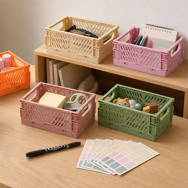 6pcs Waterproof Foldable Storage Baskets (5.98×3.94×2.40 in) - 10 Sticker Sheets+1 Marker Pen, Durable Stackable Hollow Organizers for Drawer, Dresser, Desk Storage, Kitchen Home Office Bathroom - Ideal for Toys, Stationery