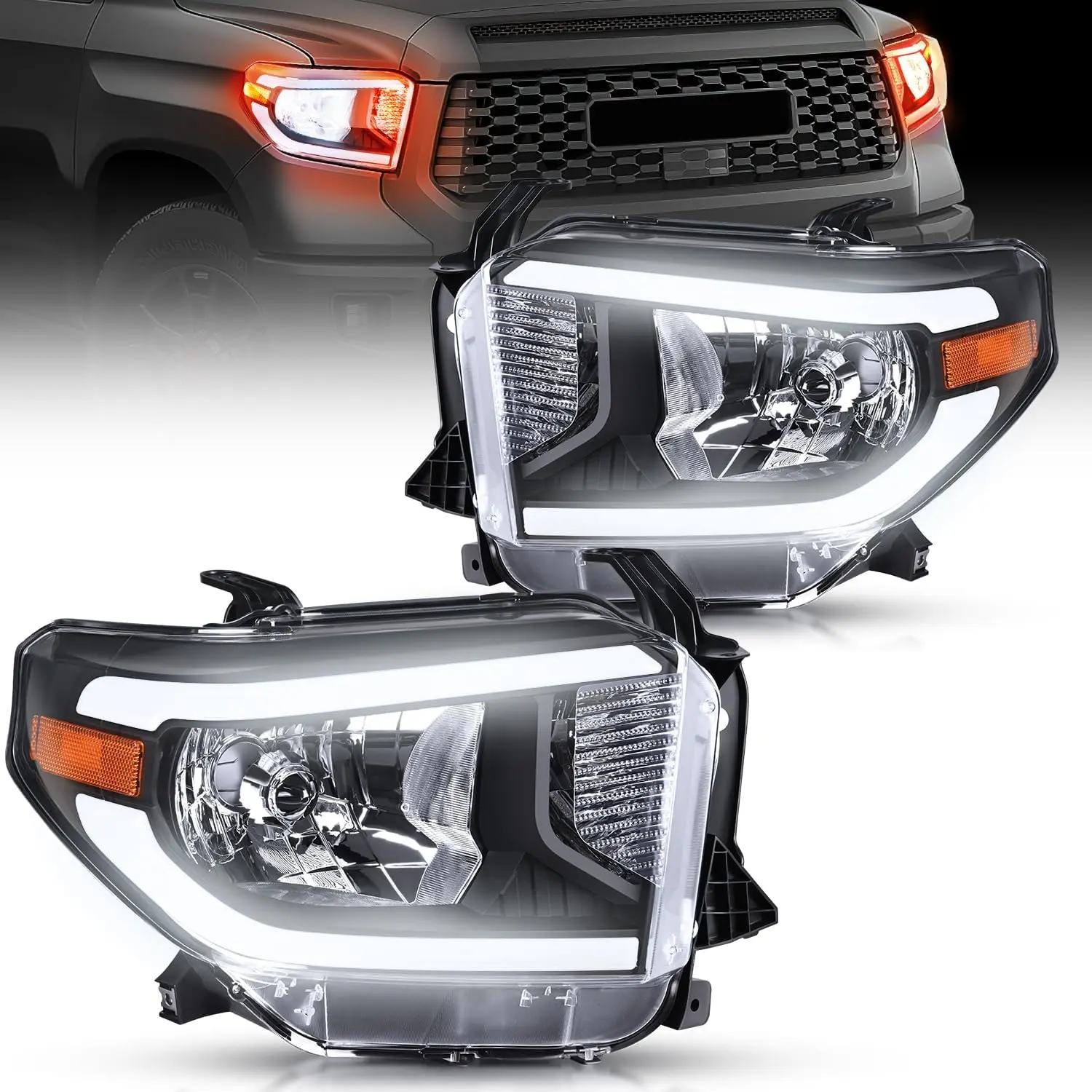 Nilight LED DRL Headlight Assembly - LED Car Lights, Clean Lens, Black Housing, Amber Reflector - Replacement Headlamps Compatible with 2014-2021 Toyota Tundra