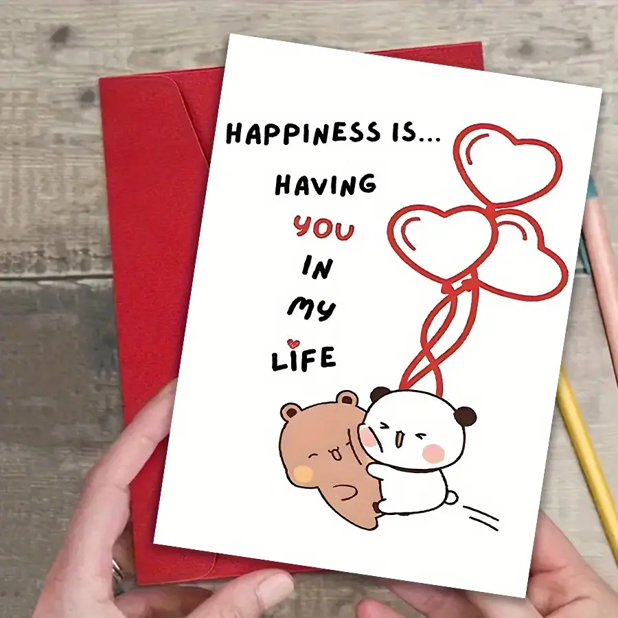 1 Cute Bubu & Dudu Birthday Card with Envelope "Happiness is... having you in my life" - Cute bear and panda design, perfect for a son, daughter, friend, significant other or family member, panda gift, Inspirational Greeting Card, Message Card