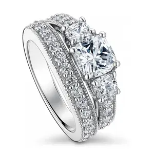 BERRICLE Sterling Silver 3-Stone Wedding Engagement Rings Statement Stackable Band for Women, 1.5 Carat Cushion Cut Cubic Zirconia CZ Ring Set