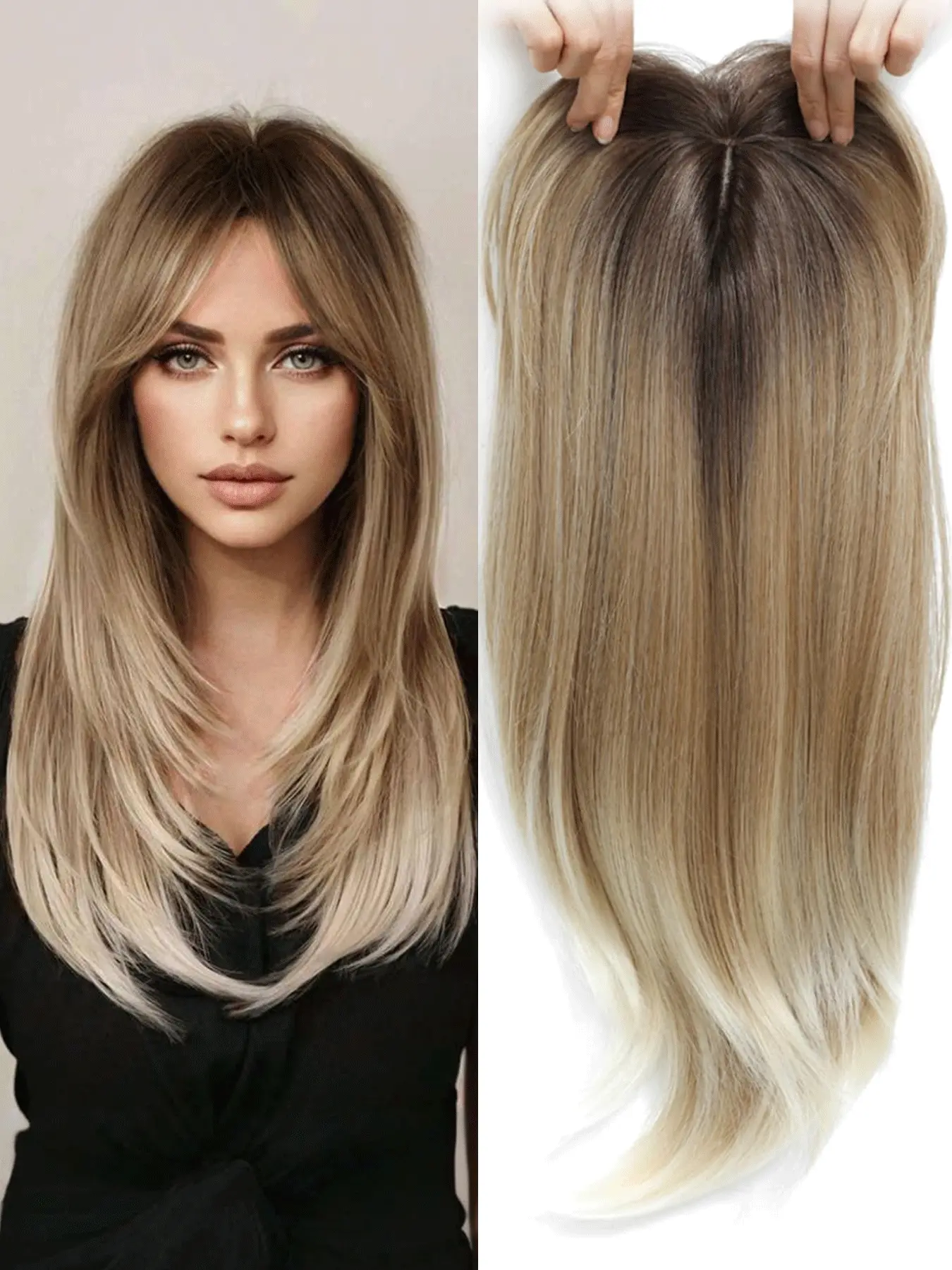 Ombre Blonde Dark Root Hair Topper, Ombre Highlight Wig, Glueless Straight Wigs, 20 Inch 360° Cover For Thinning Hair Clip In Bangs Large Base Synthetic Hair Pieces Long Straight Volumizing Hairpiece Scalp Root Coverage