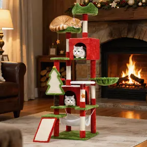 Yitahome Red Green Cat Tree with Cat Teaser Toy, Cat Tower for Indoor Cats with Cat House, Tree Design with Plush Ball for Cats