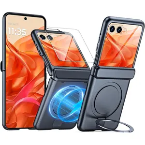 for Motorola Razr 2025 Case/Razr 2024 Case with Hinge Protection & Built-in Screen Protector & Magnetic Ring Stand, Slim Full-Body Shockproof Rugged Phone Case