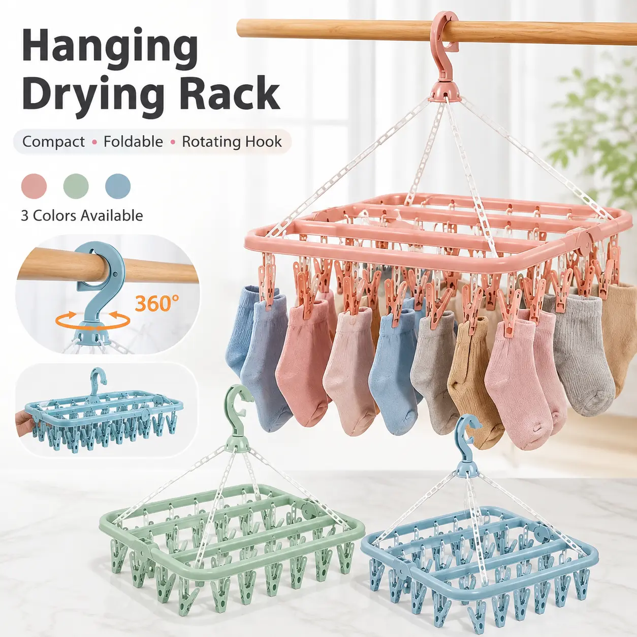 1pc Foldable Plastic Hanger with 32 Clips Multi Functional Windproof Socks Clips and Drying Hanger Clothes Hanger Hangers Space Saving Multifunctional Clothes Hanger - MM2
