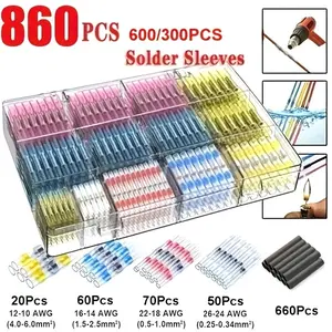 860pcs Solder Seal Wire Connectors, Solder Sleeves, Butt Connector, Insulated Electrical Butt Splice Wire Terminals for Marine Automotive Boat Truck Wire Joint